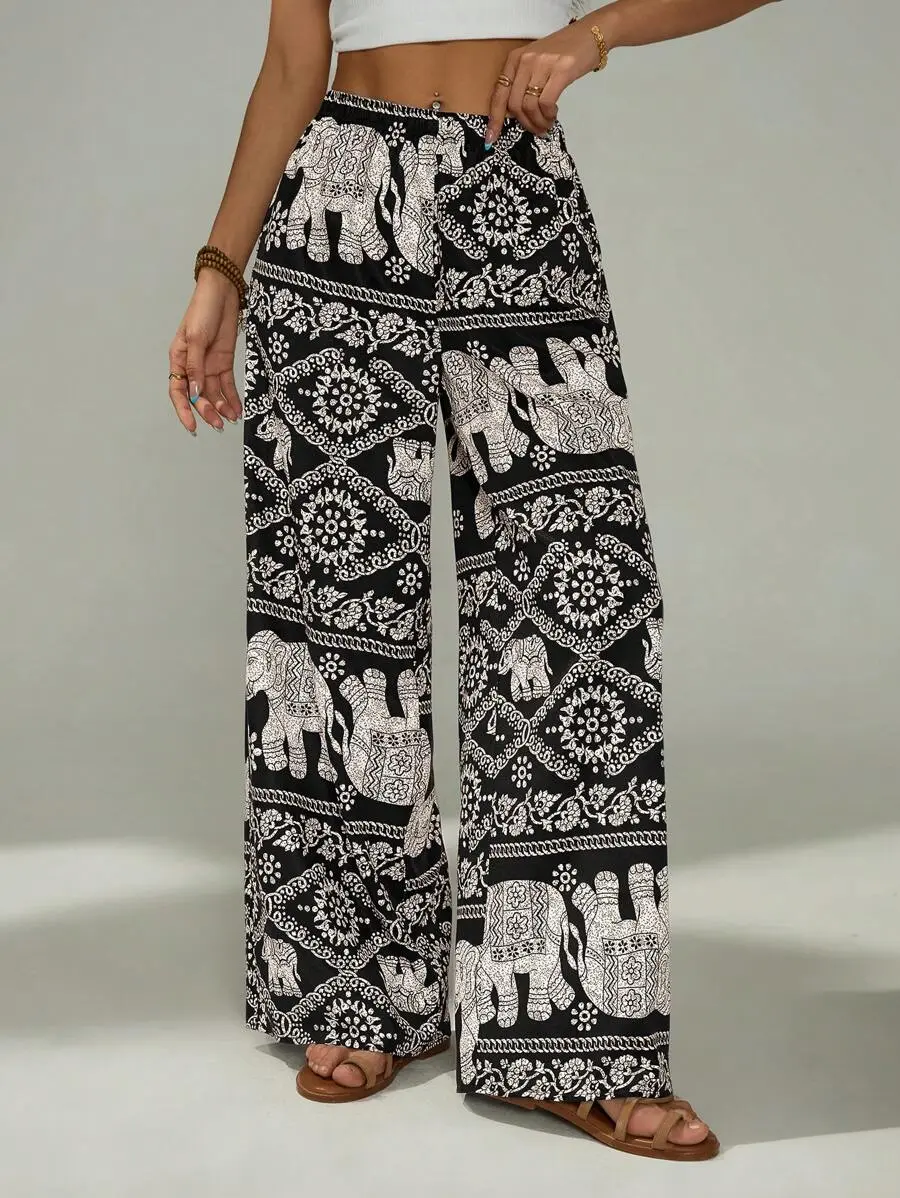 Petite Wide-Leg Pants Elephant Retro Print Textured Woven Boho Trousers for Beach Vacation