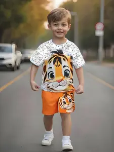 Boys' Cute Tiger Print Casual Set, Short Sleeve T-Shirt and Track Shorts, Fitted Outdoor Wear, All over Print, No Buttons or Zippers