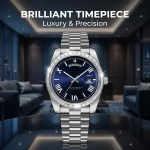 Luxury Business Watch for Men, Quartz Movement, Crystal Bezel Sparkling Design, Stainless Steel Bracelet, Day-Date Function, Elegant Mens Accessories Gift outdoorfun