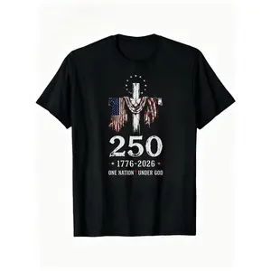 American Flag Cross 250th Anniversary "One Nation Under God" Patriotic For Men Daily Wear Men's T-Shirt