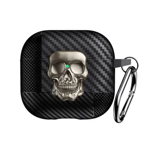 Carbon Fiber Skull Head Case for AirPods 4/3/pro2/pro/1/2, Skull Design, Durable Shockproof Protective Cover with Locking Buckle, Perfect Gift Idea, Halloween