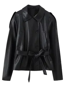 Women's Faux Leather Long Sleeve Windbreaker Jacket, Stand Collar Button Front Closure, Padded Shoulder Design, Casual Fall & Winter Coat