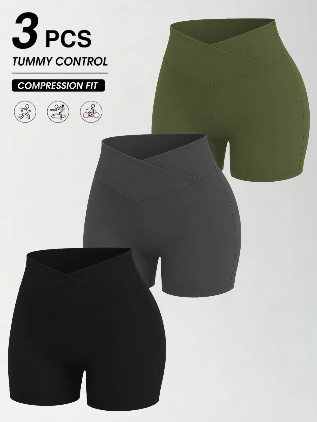 Women Cross V Waist Yoga Biker Shorts 3 pack High Waist Tummy Control Non-See-Through Stretch Compression Athletic Workout Shorts