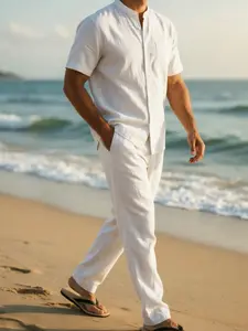Men’s linen solid-color casual short-sleeve shirt and long pants set—breathable and comfortable summer two-piece vacation style that’s versatile for everyday wear and vacations.