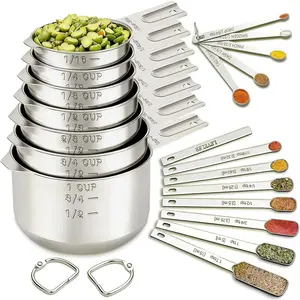 Measuring Cups and Spoons Set - 7 Stainless Steel Nesting Measuring Cups & 7 Spoons, 5 Mini Measuring Spoons & 1 Leveler, Kitchen Gadgets for Cooking and Baking, Square Shape