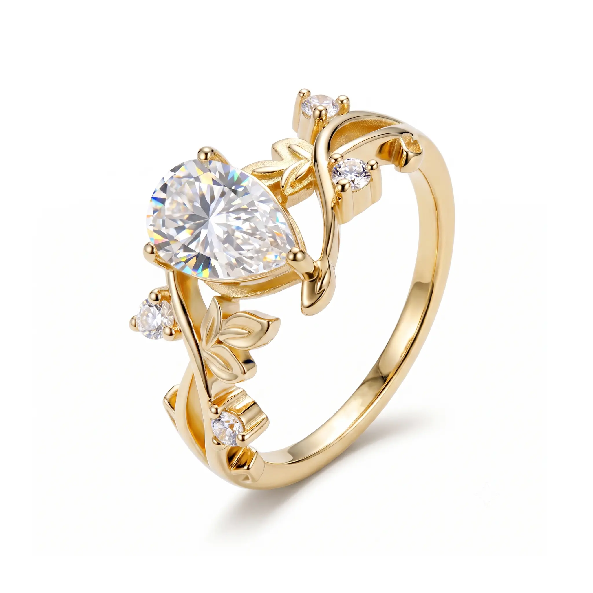 S925 Silver Moissanite Engagement Ring for Women, 18K Gold Plated Pear Cut Floral Vine Leaf Promise Ring, Vintage Bridal Wedding Anniversary Jewelry (Sizes 5-9)