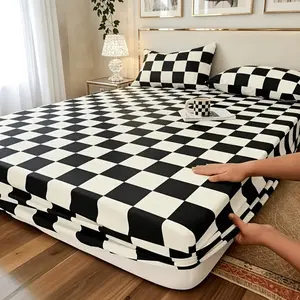 3-Piece Black and White Checkered Geometric Printed Bedding Set, 1 Fitted Sheet + 2 Pillowcases Without Insert, Elastic Snug Fit, Soft & Easy Care, All Season Universal Bedding