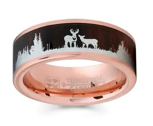 Men's Rose Goldtone Tungsten Hunting Ring Wedding Band Wood Inlay Deer Stag Silhouette