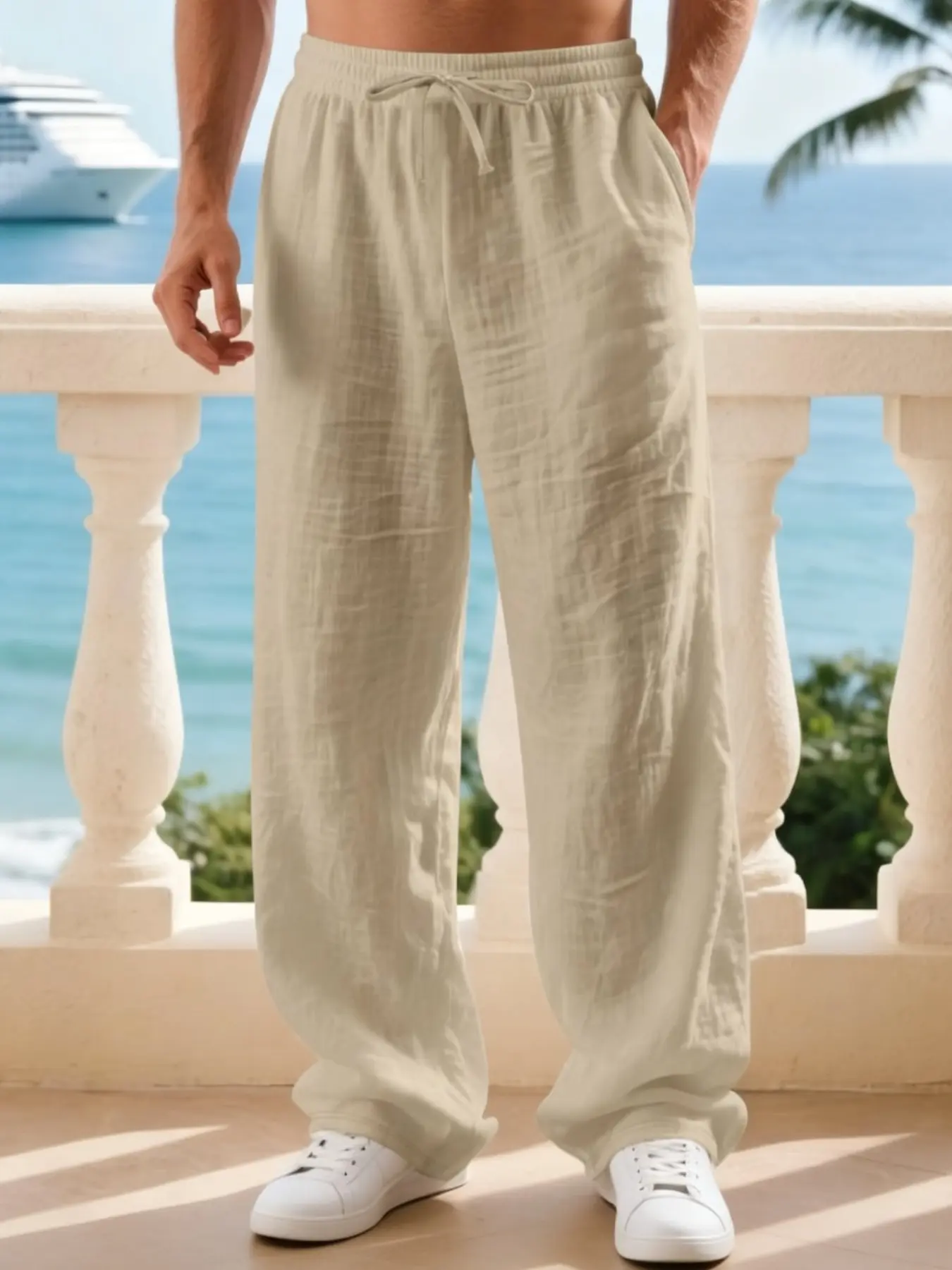 Men's Linen Casual Straight Leg Pants, Breathable Comfortable Fashion Long Trousers, Casual Beach Pants Perfect for Outdoor Travel Vacation Daily Wear