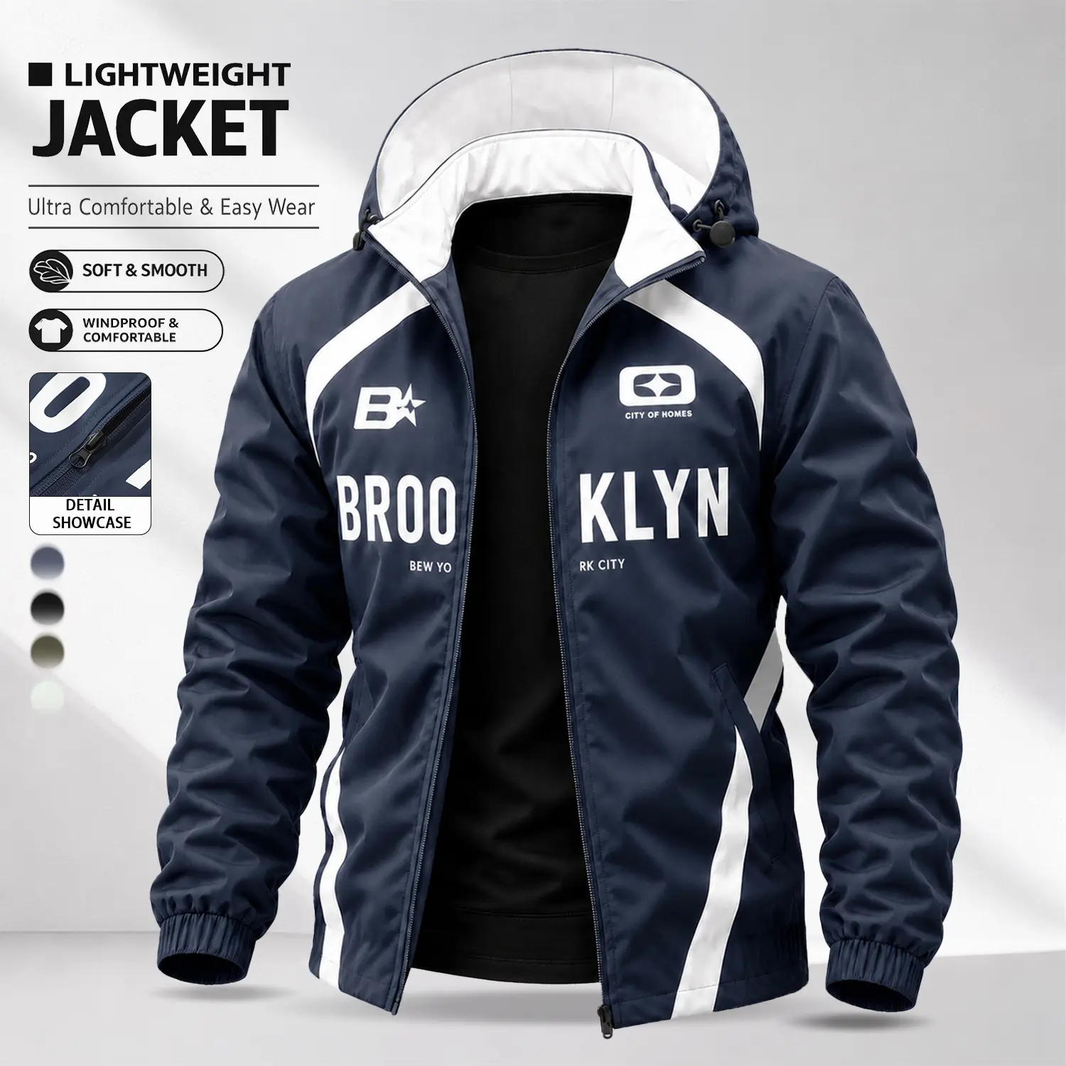 Men’s American sports-style hooded jacket, functional striped design, versatile outdoor commuter outerwear