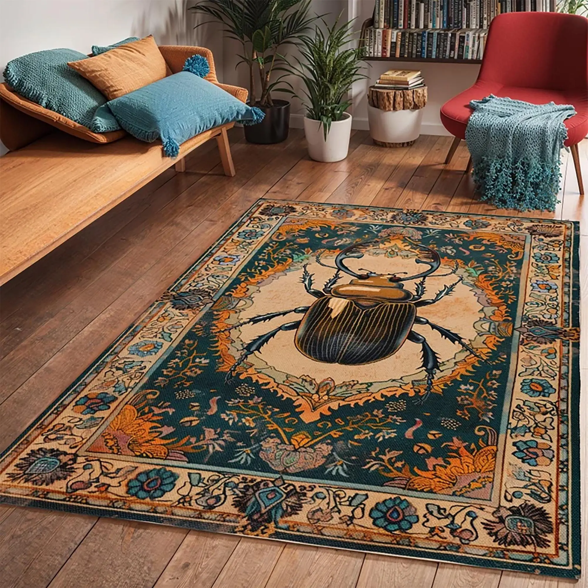 Vintage Beetle Pattern Rug, Non-slip Soft Floor Mat, Decorative Carpet for Home Living Room Bedroom, Foldable Area Rug, Dormitory Decor, Vintage Design Rug, Vintage Printed Rug, Home Decor Rugs