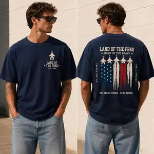 America 250 Years Land Of The Free Fighter Jet American Flag Patriotic Graphic, 1776 2026 Celebration Street Style Outfit, Soft Cotton, Made In USA, For Youth & Adult