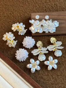 Elegant Shell Petal Design Earrings Set, 5 Pairs Fashion Floral Imitation Pearl Jewelry, Elegant Minimalist Earrings, Perfect for Weddings Parties Events, Statement Earrings