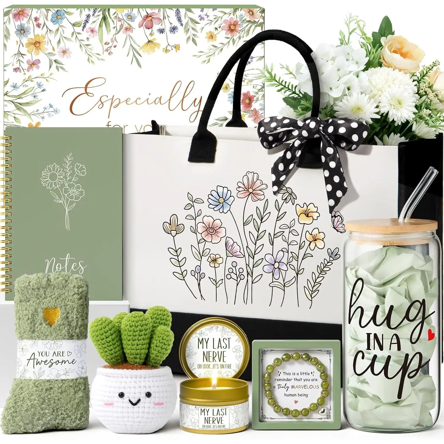 Mothers Day Birthday Gifts for Women Friendship, Get Well Soon Gift Baskets Care Package for Women Self Care Gifts, Inspirational Thinking of You Gift Idea for Mom Her Sister Friends w/Canvas Tote Bag