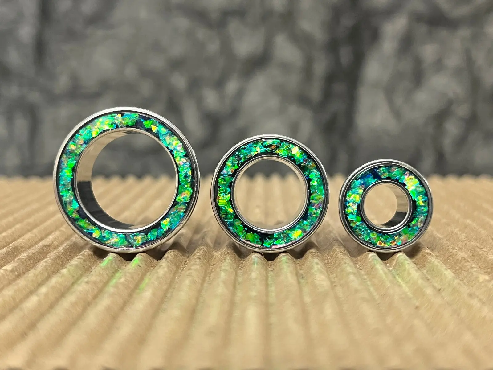 PAIR Green Opal Glitter Rim Screw Fit Tunnels Ear Plugs Earlet Rimmed Gauges