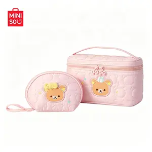 MINISO Rilakkuma Pink Cute Shell Makeup Storage Organizer, Premium Fabric Stylish Cosmetic Bag - Lightweight, Portable, Exquisite Sweet Girlish Design, Ideal Gift for Ladies