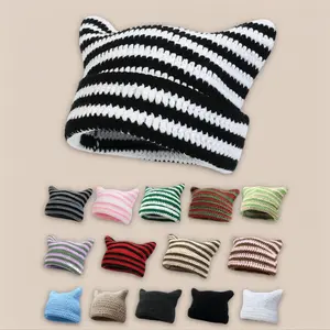1pc Women's Autumn Winter Striped Cat Ear Beanie, Warm Y2K Streetwear Style, Soft Cozy Acrylic Knit Hat