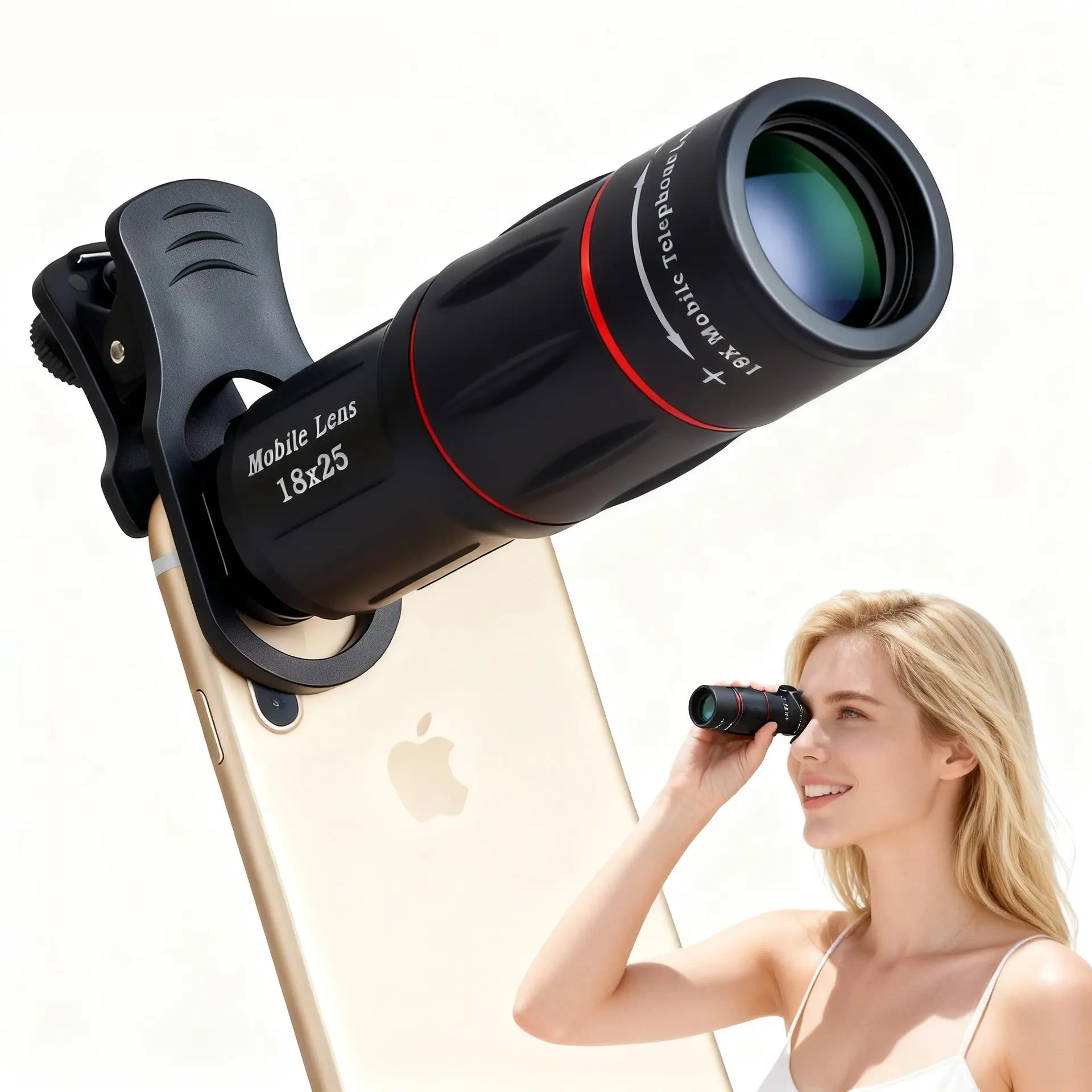 18×25 telephoto Mobile Phone Lens, monocular telescope, Smartphone lens attachment, Camera Phone Accessories, Cell Phone Accessories, High-definition camera telescope ideal for concert photography, with lens clip, eye mask and storage bag