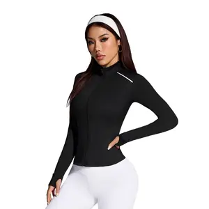Women's Long Sleeve Zip Up Athletic Jacket - Slim Fit Cropped Workout Top with Thumb Holes