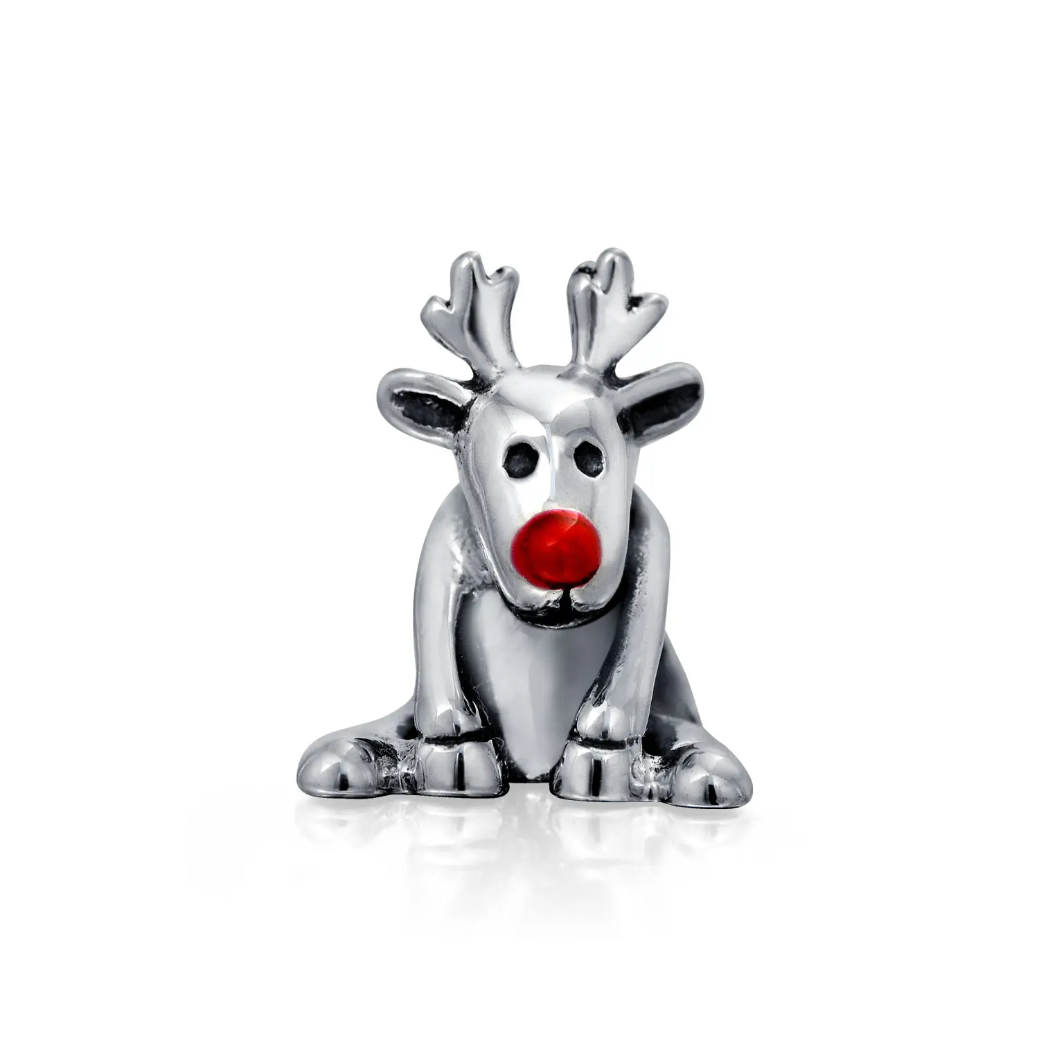 Sterling Silver Caribou Elk Christmas Holiday Rudolph Red Nose Reindeer Charm Bead for Bracelet