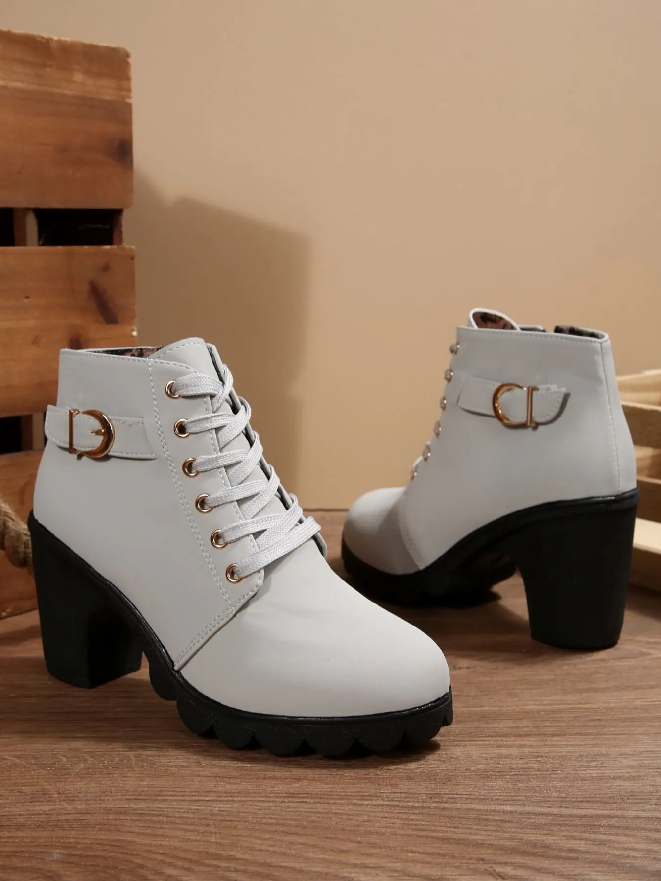 Women's Lace-Up Chunky Heel Fashion Short Boots Heeled Boots Dress Boots, Boot Heels, Metal Buckle Decor, Casual PU Leather, Spring & Fall, Blue, Footwear