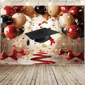 Graduation Theme Background Banner, 1 Count Graduation Cap & Balloon Pattern Backdrop, Party Decoration Banner for Photography Room Living Room, Ornaments, Graduation Party Decorations
