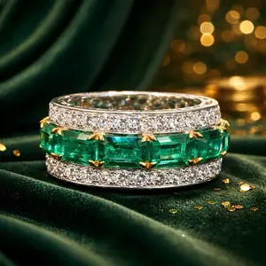 Emerald Green Eternity Band Ring Luxe Statement Ring with Radiant Emerald-cut Stones & Sparkling Pavé Accents Rich Girl Jewelry