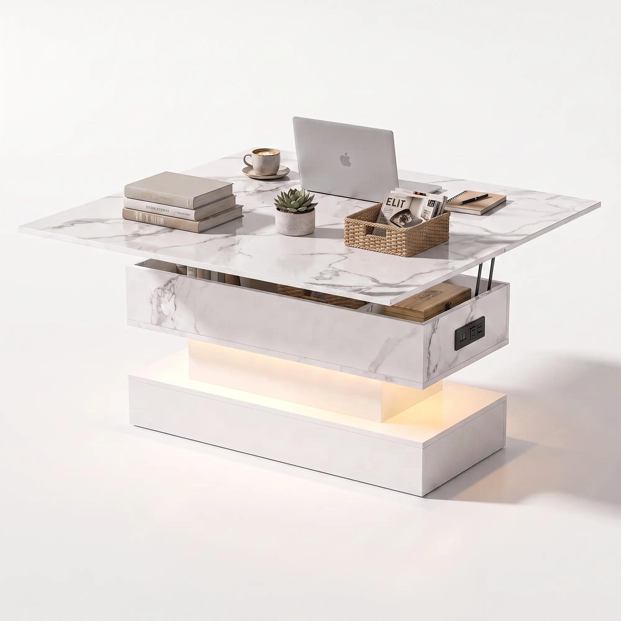 EOYUTLLY New Adjustable Lift Top LED Coffee Table with Charging Station - High Gloss Marble Tabletop, Pedestal Base, 3-in-1 Multifunctional Hidden Storage, Living Room Decor, Gaming Ready Apartment Furniture, Dining Table Alternative