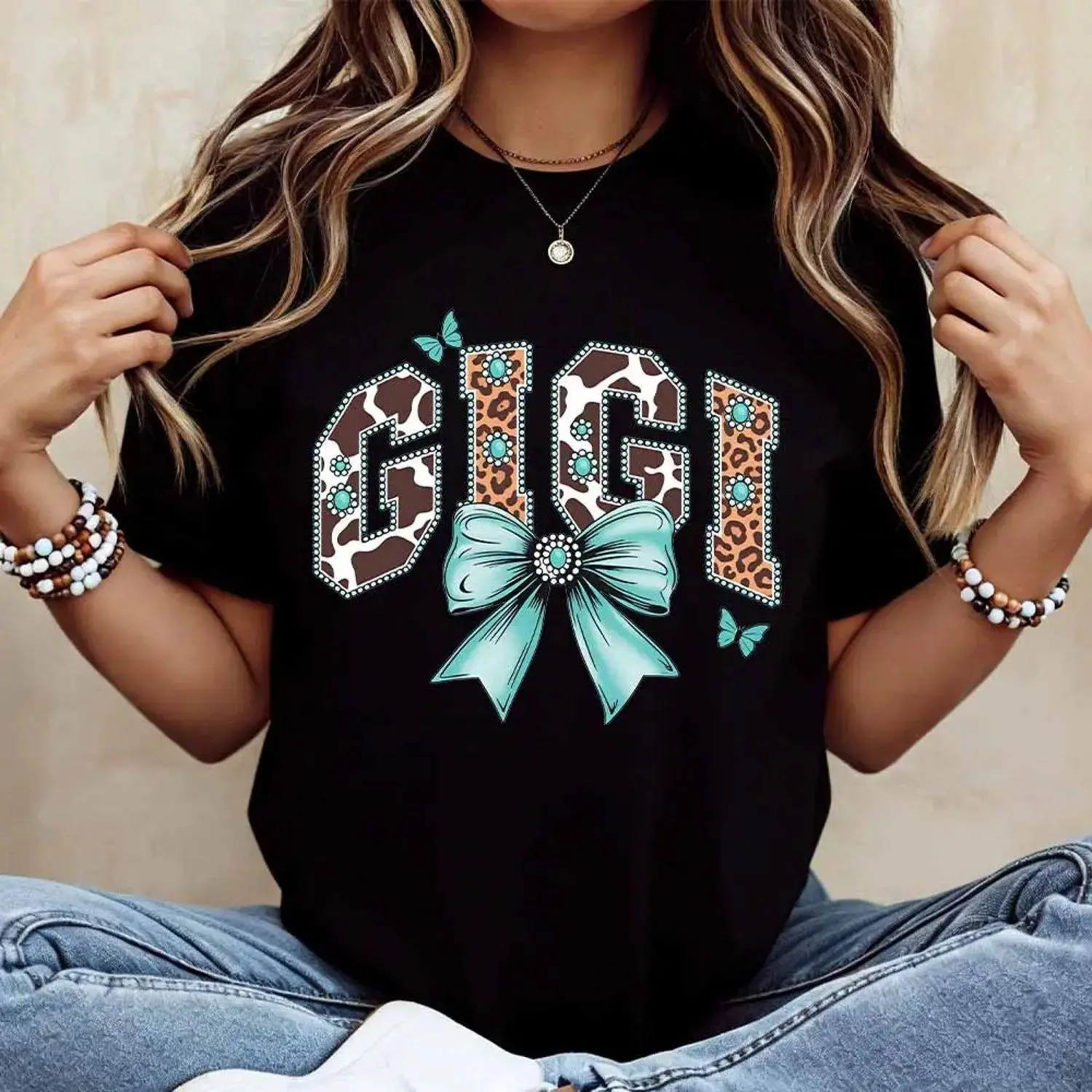 Women Casual T Shirt Gigi Leopard Print With Turquoise Bow And Butterflies Design For Leisure And Sports Activities