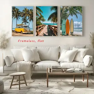 Three-Piece Set / Summer Beach Tri-Panel Canvas Wall Art - Vibrant Coastal Scenery Featuring Palm Trees, Surfboards, and Classic Camper Vans Frameless Canvas Print Decorative Art