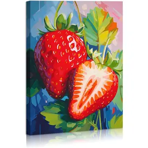 Strawberry Wall Art Canvas Rustic Fresh Strawberry Pictures Plant Framed Vintage Wooden Painting for Kitchen and Dining Room Decorations Ready to Hang 12x16 Inches