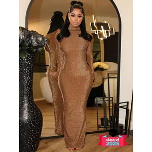 Glitter mock-neck long-sleeve bodycon dresses for women; elegant slim-fit backless maxi dress for parties, clubs, and dates; birthday dresses 2024; women’s dresses for spring and fall