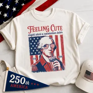 Funny 4th of July TShirt, George Washington Boba Tea Tee, 1776 2026 Feeling Cute Meme, 250th Anniversary Patriotic Gift, US History Lover