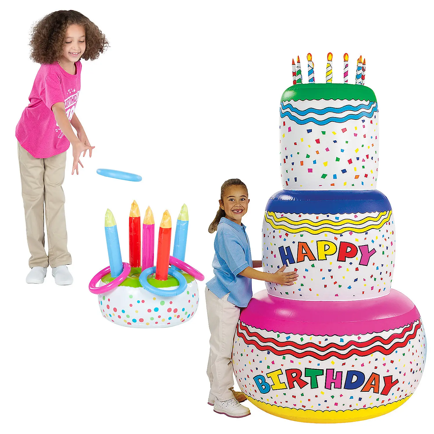 Vinyl Party Inflatables Kit, 2-Piece Birthday Cake Set with Jumbo 37" x 37" x 6 ft. Decoration and 1 Inflatable Cake Ring Toss Game, 1 Vinyl Inflatable Cake Ring Toss Game