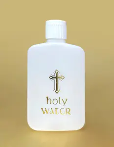Holy water plastic bottle with golden details and safety cap design