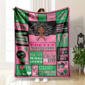 Pink and Green Sorority Flannel Fleece Throw Blanket 1908 J15 Founders Day Pretty Soror Black Educated Diva Print Ultra Soft Warm Cozy Sofa Decor Sisterhood Gift