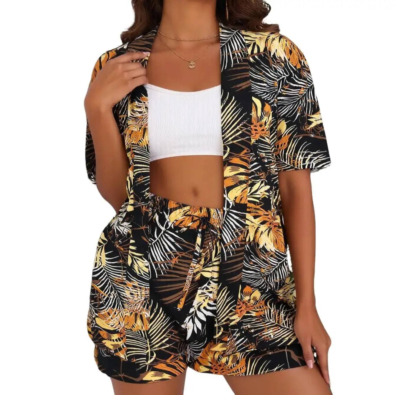 Tropical Palm Leaf Print Two-Piece Outfit, Short Sleeve Open Front Shirt & Drawstring Shorts Set, Casual Beachwear Cover-Up for Women Summer Vacation