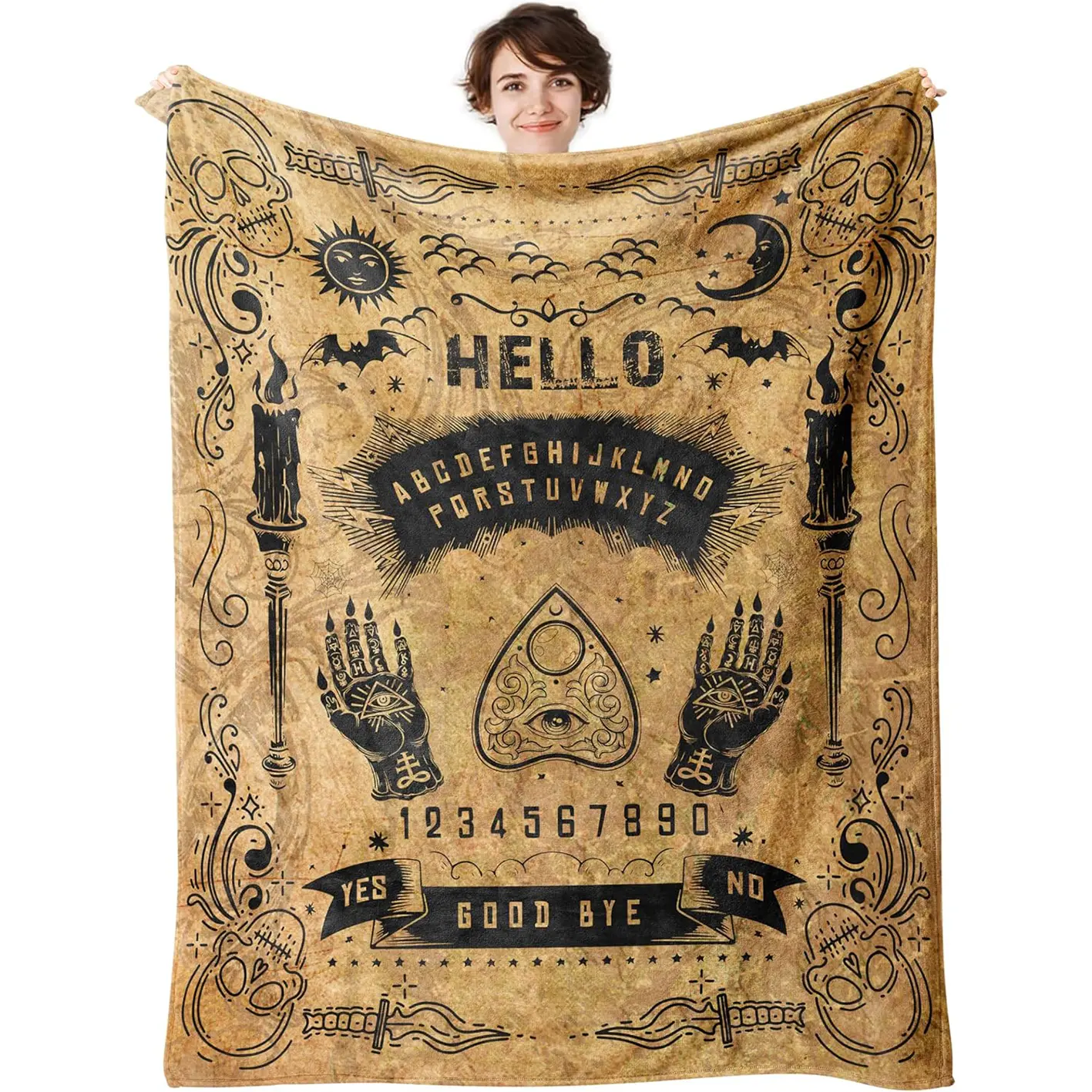 1pc Ouija Board Blanket Gothic Witch Gift, Men's Sun and Moon Skull Horror Halloween Decorative Blanket, Suitable for Living Room Sofa Bedroom Bedding Flannel Throw Blanket