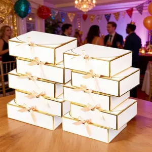 Elegant Gift Boxes with Lid, Large Size Classic Bow Gold Trim Golden Silk Ribbon, Wedding Birthday Party Packaging, 10pcs Set, Gift Wrapping Supplies