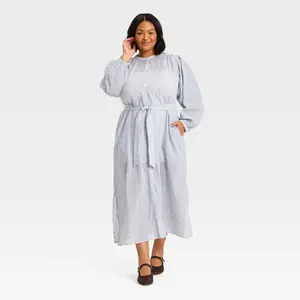 Women's Balloon Long Sleeve Collared Neck Maxi Shirtdress - Universal Thread Blue Striped 4X