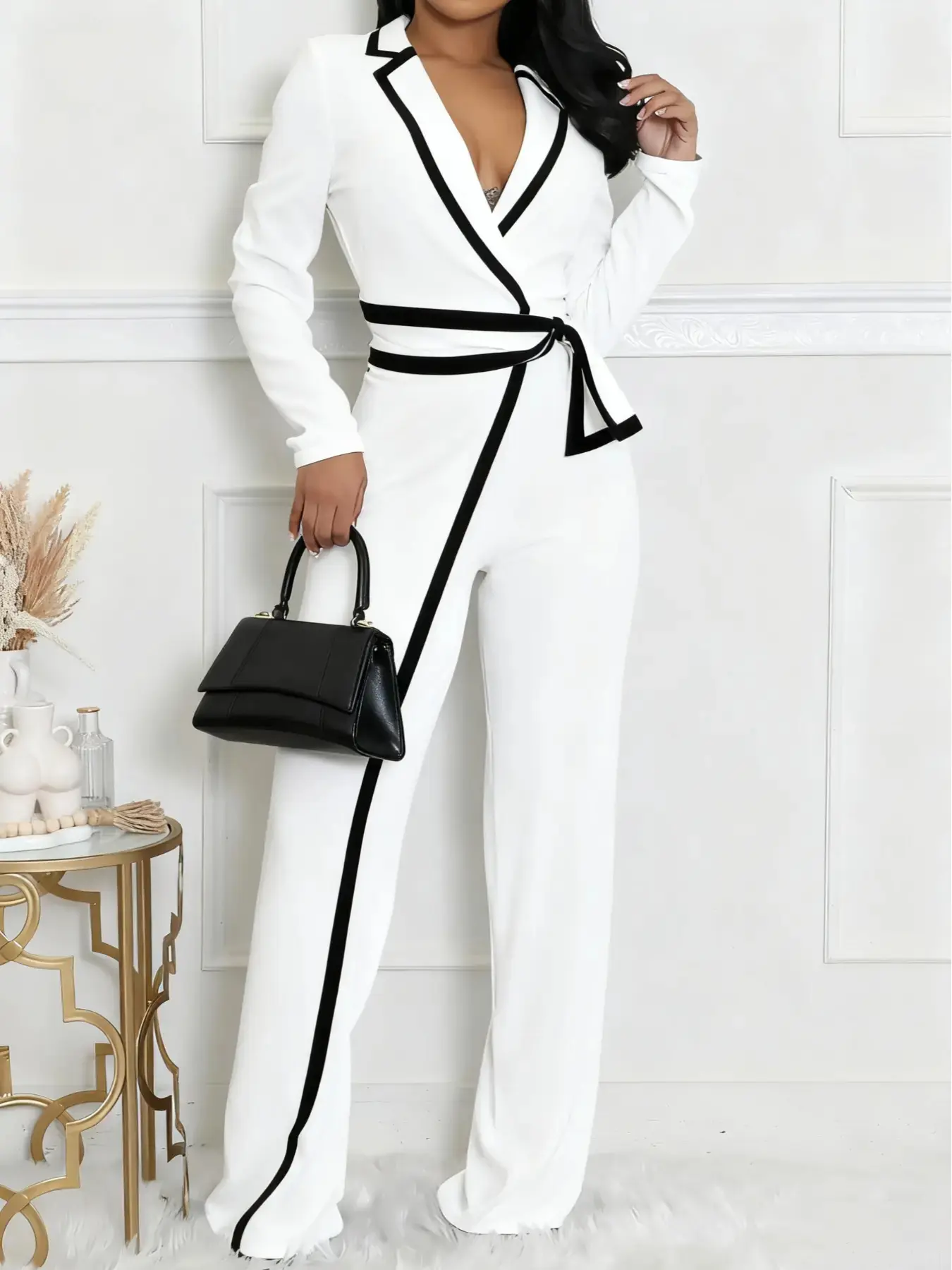Women's Patchwork Print Belted Overalls Jumpsuit, Elegant Fitted Knit Long Sleeve Jumpsuit for Work Office Business, Ladies Womenswear Fall & Winter Clothes