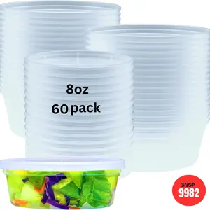 UNICUP Deli Containers with Lids [8 oz. 60 Pack] Disposable Clear Lunch Containers Leakproof | Plastic Round Food Storage Containers