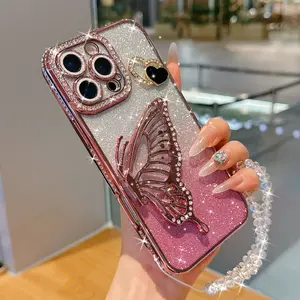Shockproof Butterfly Stand Phone Case Cover with Bracelet Strap, Lens Protector, Fits iPhone 16 15 14 13 12 11, Anti-Drop Protection