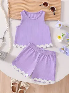 Girls' Textured Wave Hem Set, Girly Breathable Sleeveless Top & Shorts, Round Neck, Elastic Waist, Summer Casual Wear for Home & School