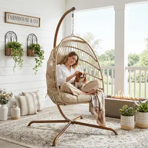 Outdoor Swing Egg Chair with Stand, 350Lbs Heavy-Duty Wicker Egg Hanging Patio Chairs for Outside, Comfy Porch Swinging Chair with Thick Cushion Balcony Backyard Bedroom Indoor