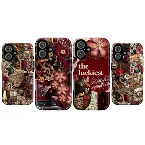 Red Leopard Collage Phone Case – Y2K Leopard Glam Phone Cover for iPhone 17 16 15 14 13 12 11 Pro Max, Lucky Girl Aesthetic, Dark Feminine Animal Print, Elegant Floral Design