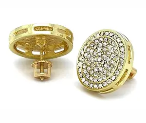 Large Iced CZ 14K Gold Plated Round Earrings Screw Back 20mm