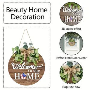 Seasonal Welcome Sign Door Decor with Replaceable Designs, Rustic Round Wooden Wreath for Spring Summer Fall Winter Holidays
