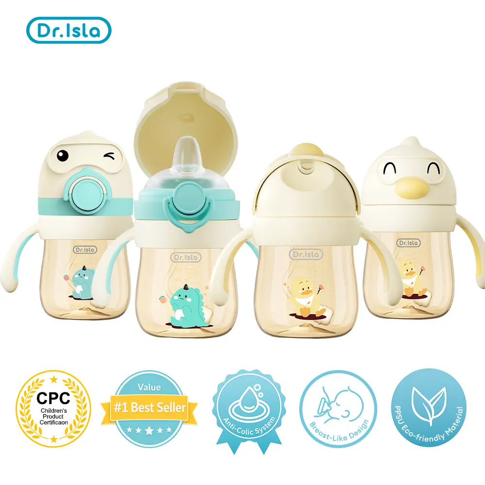 Dr.Isla PPSU Leakproof Sippy Cup, 9oz/240ml, 2-in-1 Baby Training Cup for 6–12 Months & 1–3 Years, Weighted Straw with Gravity Ball, Anti-Slip Handles, Spill-Proof & Anti-Choke Design, Cute Duck Style, BPA-Free #summervibes