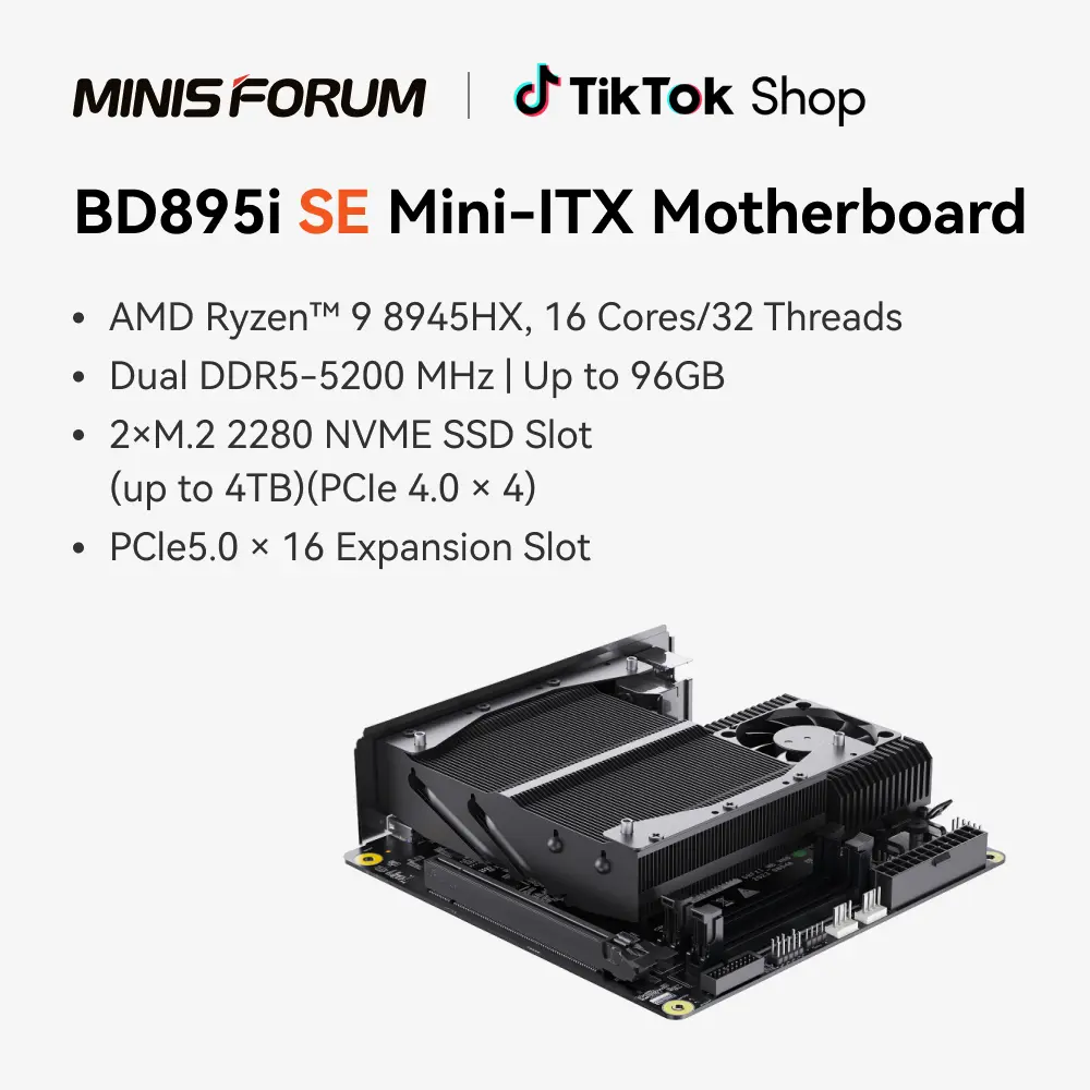 MINISFORUM Motherboard BD895i SE Mini ITX NAS Motherboard, AMD Ryzen 9 8945HX,16 C/32 T,PCIe 5.0 x16 Slot, Dual PCIe4.0 M.2 Support, DDR5,8K Triple Output(HDMI/DP/USB-C), RJ45 2.5G, USB 3.2 BackToSchool